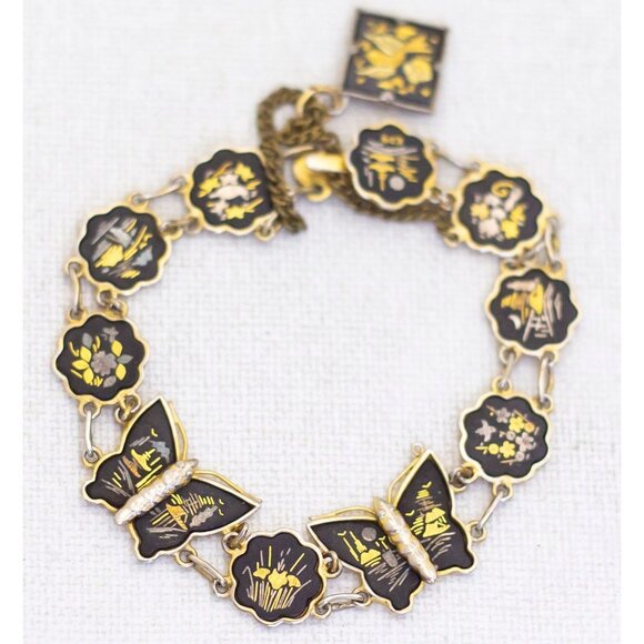 Vintage Flowers and Butterflies Mid Century Bracelet 6 Inch - AB1 - Picture 2 of 3